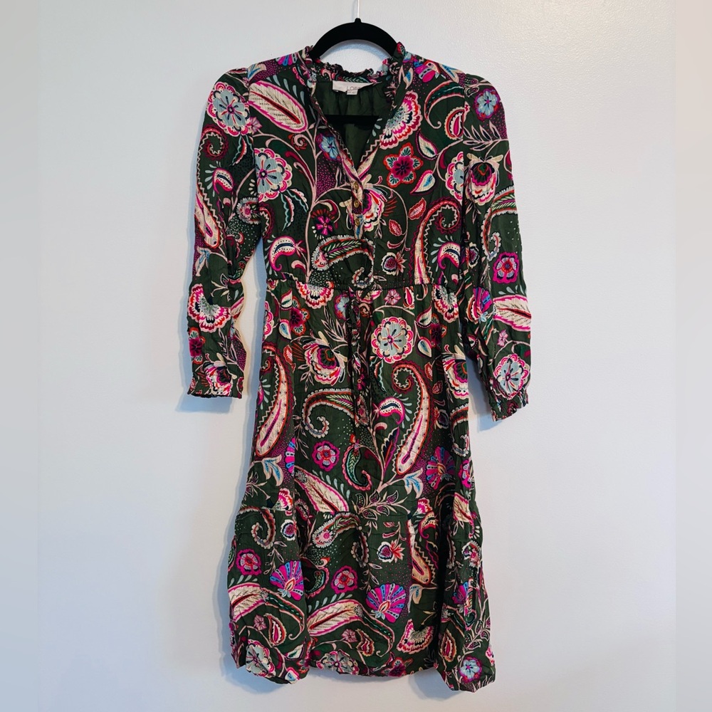 Loft paisley green long sleeve dress with v neck size extra small petite